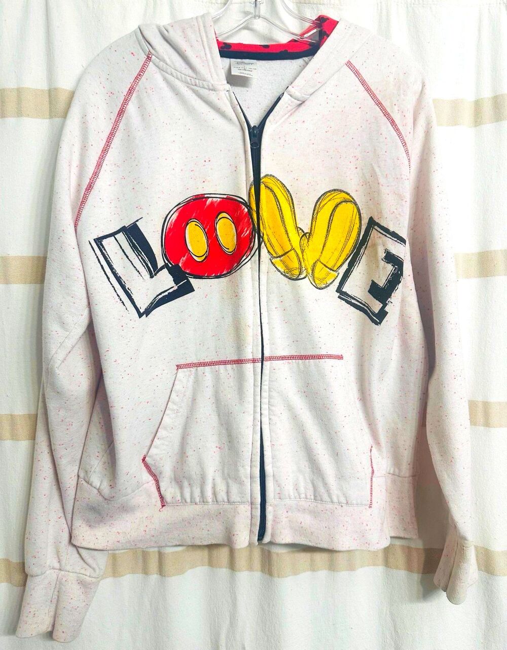 Disney Park LOVE Y2K Confetti Cotton Cartoonish ZipUp Hearts Hoodie Sweatshirt L